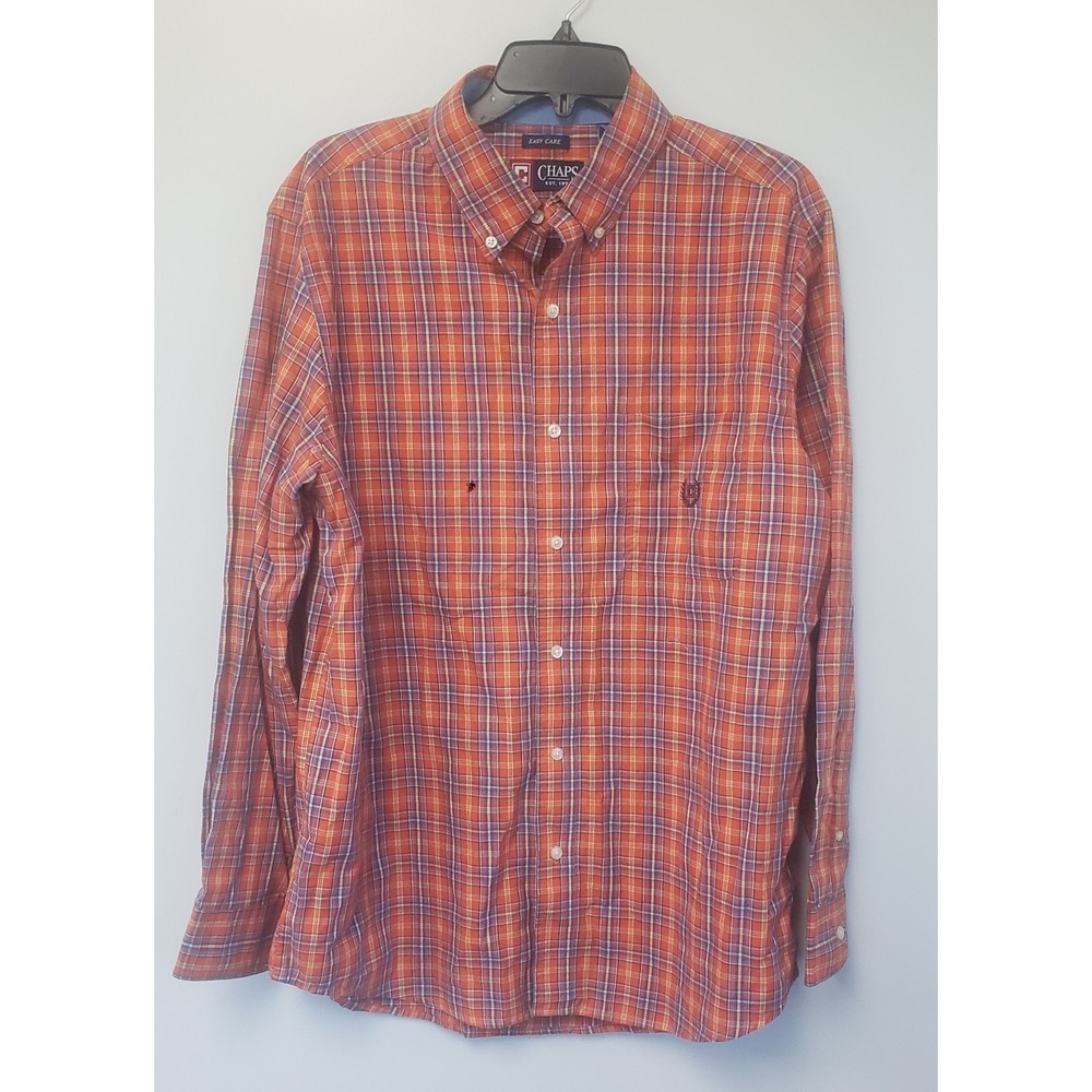 Chaps Mens Large Long Sleeve Button-Up Shirt Easy Care Orange Blue Yellow Plaid